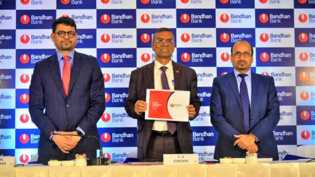 Photo Caption : Left to Right Sunil Samdani, CFO, Bandhan Bank, Chandra Shekhar Ghosh, MD & CEO, Bandhan Bank, Ratan Kumar Kesh, Executive Director, Bandhan Bank