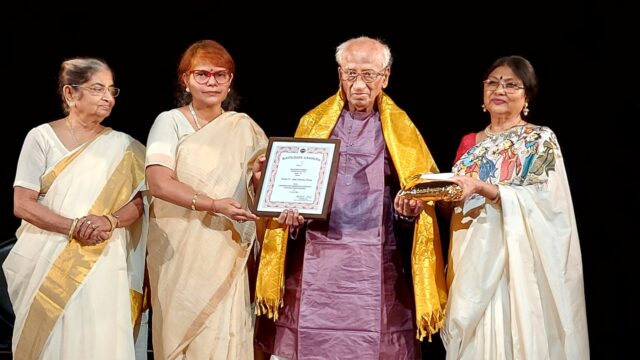 Photo caption: L-R Smt. Mahua Dhar , Ms.Minakshi Misra, Guru Dr. Gopal Panda legendary musicologist, Guru Aloka Kanungo