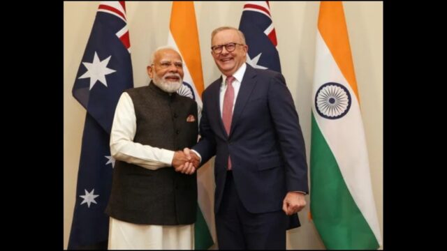Indian Prime Minister Narendra Modi( left ) welcomed by Australian Prime Minister Anthony Albanese (right) in Melbourne, Australia